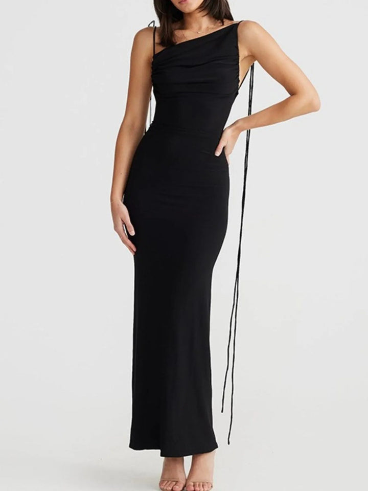 Black one-shoulder maxi dress on a white background
