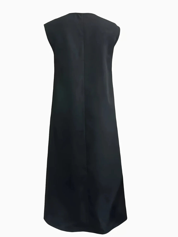 Black v neck sleeveless maxi tank dress on a white background
