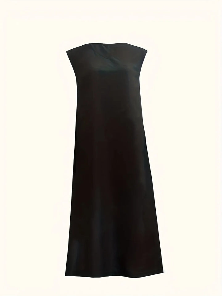 Black sleeveless v neck maxi dress on a white background