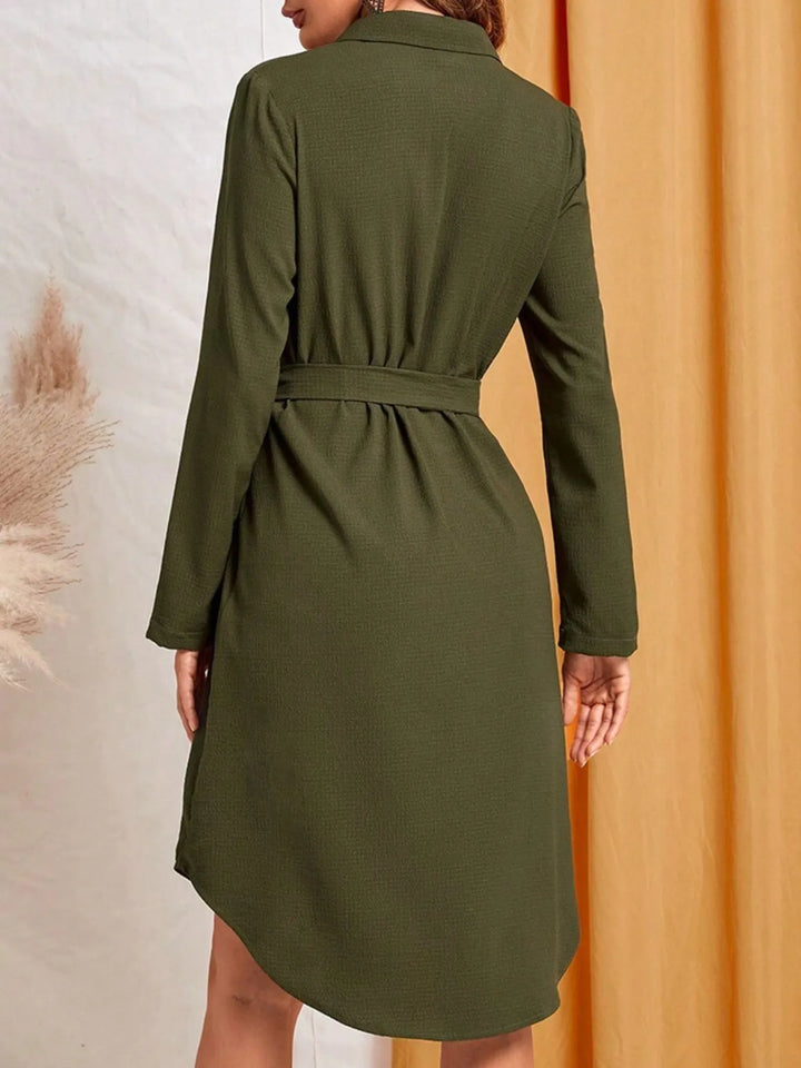 Green Button-Down Belted Shirt Dress worn by a model with a neutral background