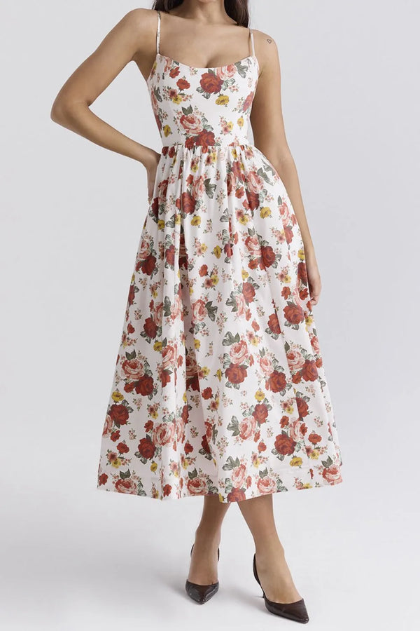 Woman wearing a floral dress on a white background