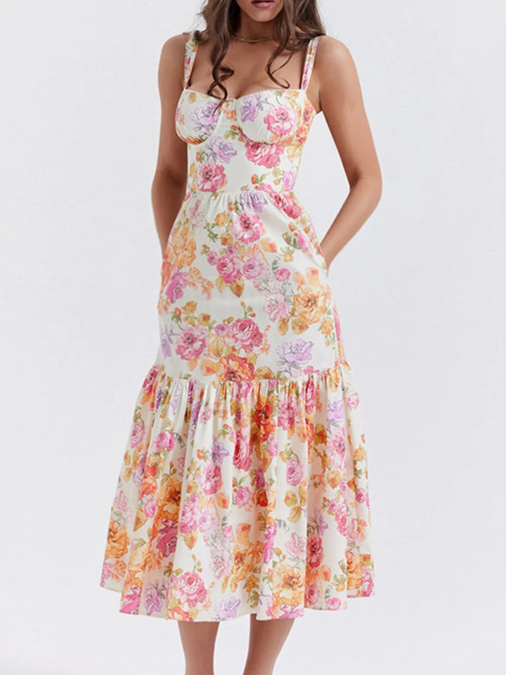Woman wearing a floral dress on a white background