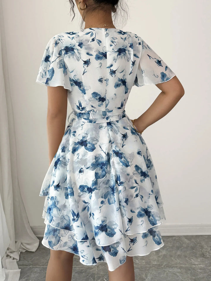 Woman wearing a white Wrap dress with blue floral pattern against a neutral background