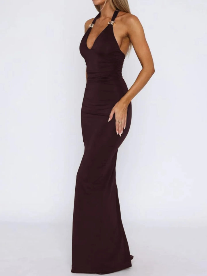 Wine Red halter neck gown on a white background